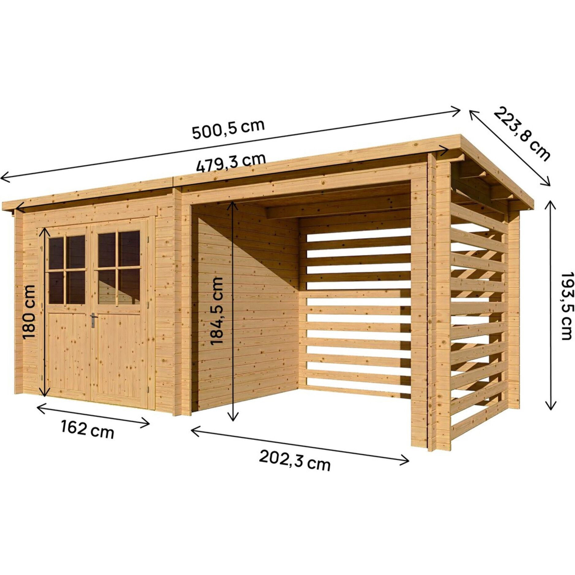 Abri de jardin bois avec appentis "Aureval" - 11m² - 2.24 x 5.01 x 2.07 m - 28 mm