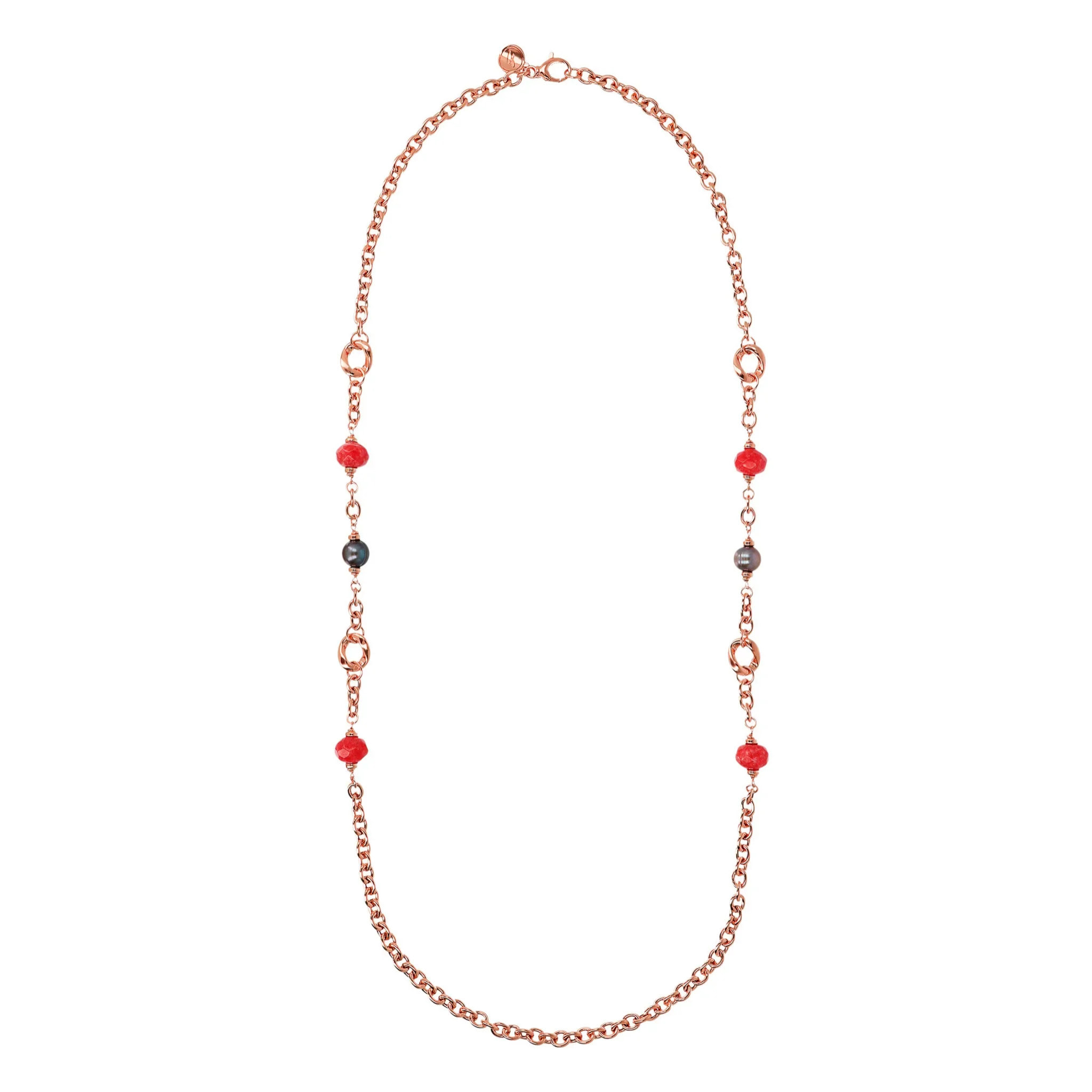 Collana Lunga Catena Rolo con Pietre Naturali Quarziti Blu e Perle d'Acqua Dolce Bianche Ø 10/11 mm