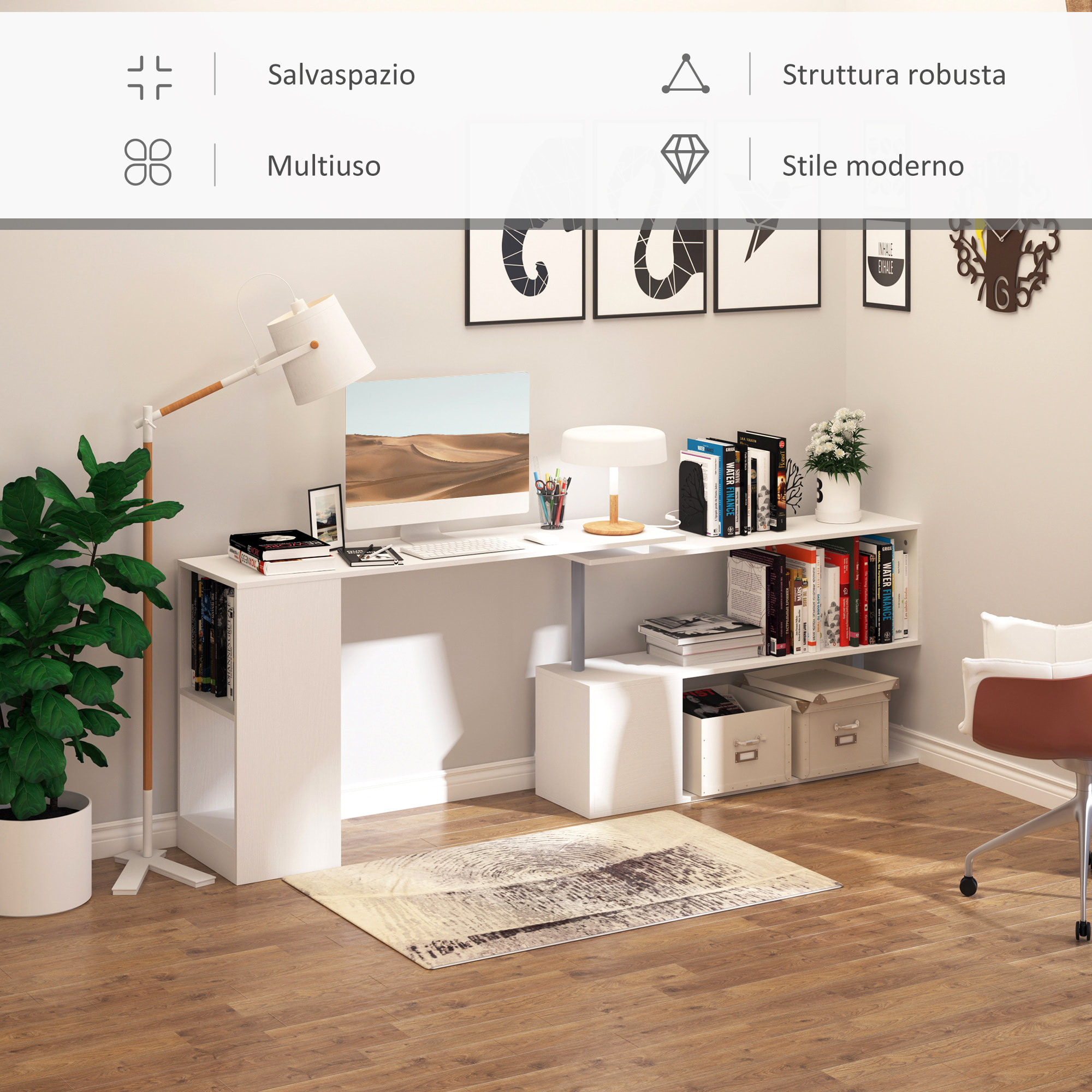 HOMCOM Scrivania Moderna e Angolare per PC, Camera o Ufficio in Legno Bianco con Libreria