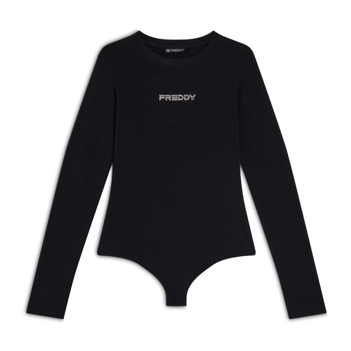 Body scollo quadrato in jersey decorato da strass