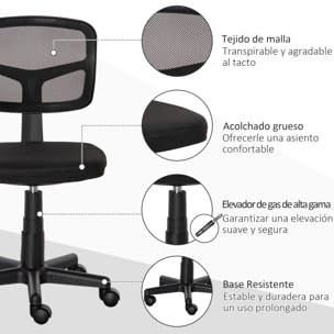 Vinsetto Silla de Oficina Ergonómica de Malla Silla de Escritorio Giratoria 360° con Altura Ajustable Soporte Lumbar Transpirable y Ruedas 43x48x77,5-89,5 cm Negro