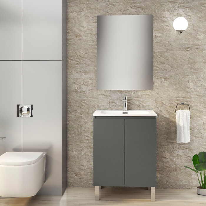 Ensemble de Salle de Bain Lust | 60 cm Gris Mat | Deux Portes | Lavabo Encastré | N'inclut pas le Miroir | Meuble Assemblé | Alday