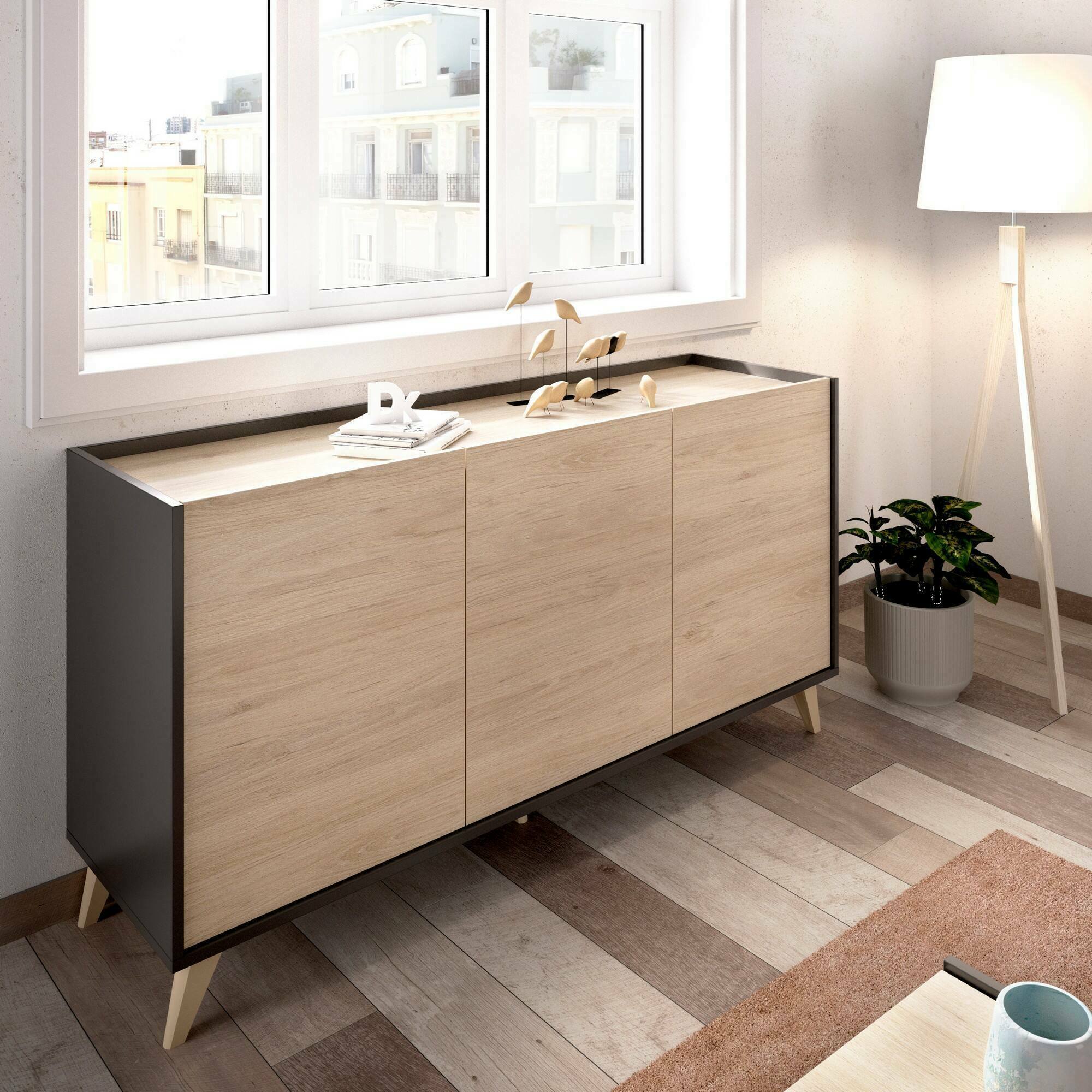 Credenza Avez, Buffet da soggiorno, Madia moderna da salotto a 3 ante, 155x43h75 cm, Rovere e Antracite