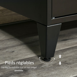 Meuble TV banc TV design industriel - 2 placards, 2 niches, 2 passe-fils - structure piètement tôle métal plateau bois d'hévéa