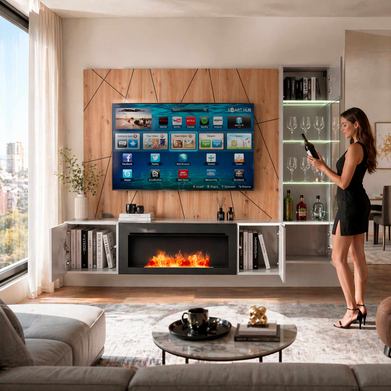 Parete Attrezzata Moderna Per Tv Con Biocamino E Pannello Design Geometrico 2 Ante Ribalta  E 1 Vano A Giorno 200 x 40 x 158 Cm Grigio E Rovere