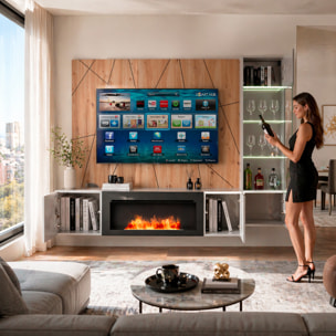 Parete Attrezzata Moderna Per Tv Con Biocamino E Pannello Design Geometrico 2 Ante Ribalta  E 1 Vano A Giorno 200 x 40 x 158 Cm Grigio E Rovere