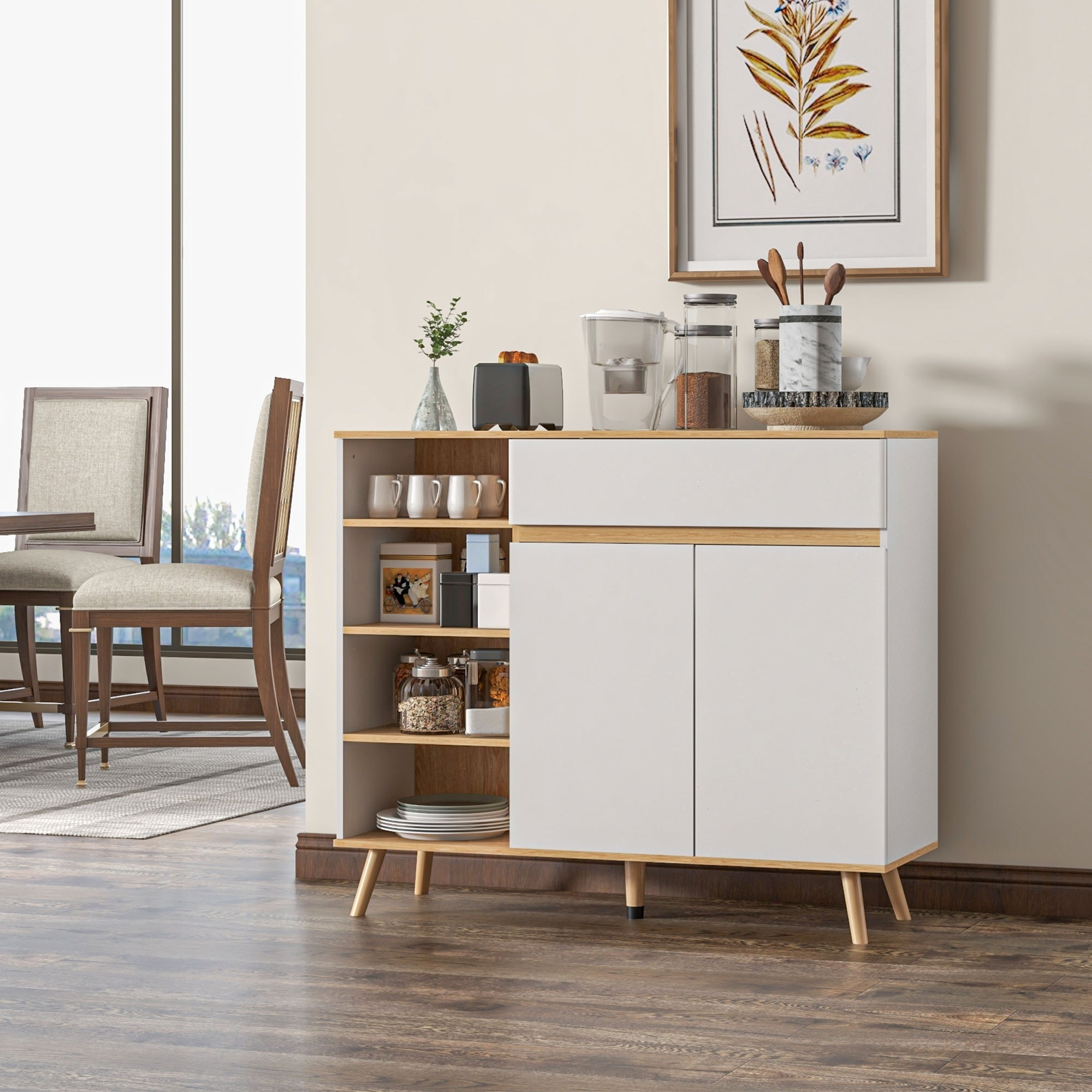 Buffet design scandinave 2 portes tiroir coulissant 4 niches piètement bois de pin panneaux blanc aspect chêne clair