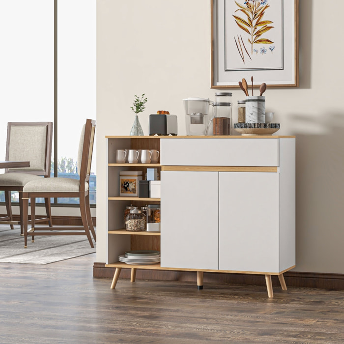 Buffet design scandinave 2 portes tiroir coulissant 4 niches piètement bois de pin panneaux blanc aspect chêne clair