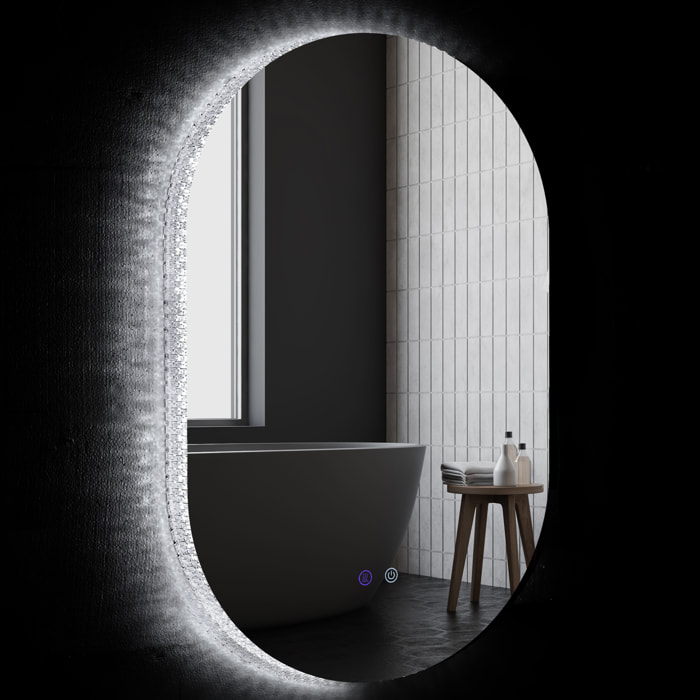 Miroir ovale LED de salle de bain - dim. 91H x 61l cm - 3 couleurs, réglable, tactile, antibué - décor acrylique transparent