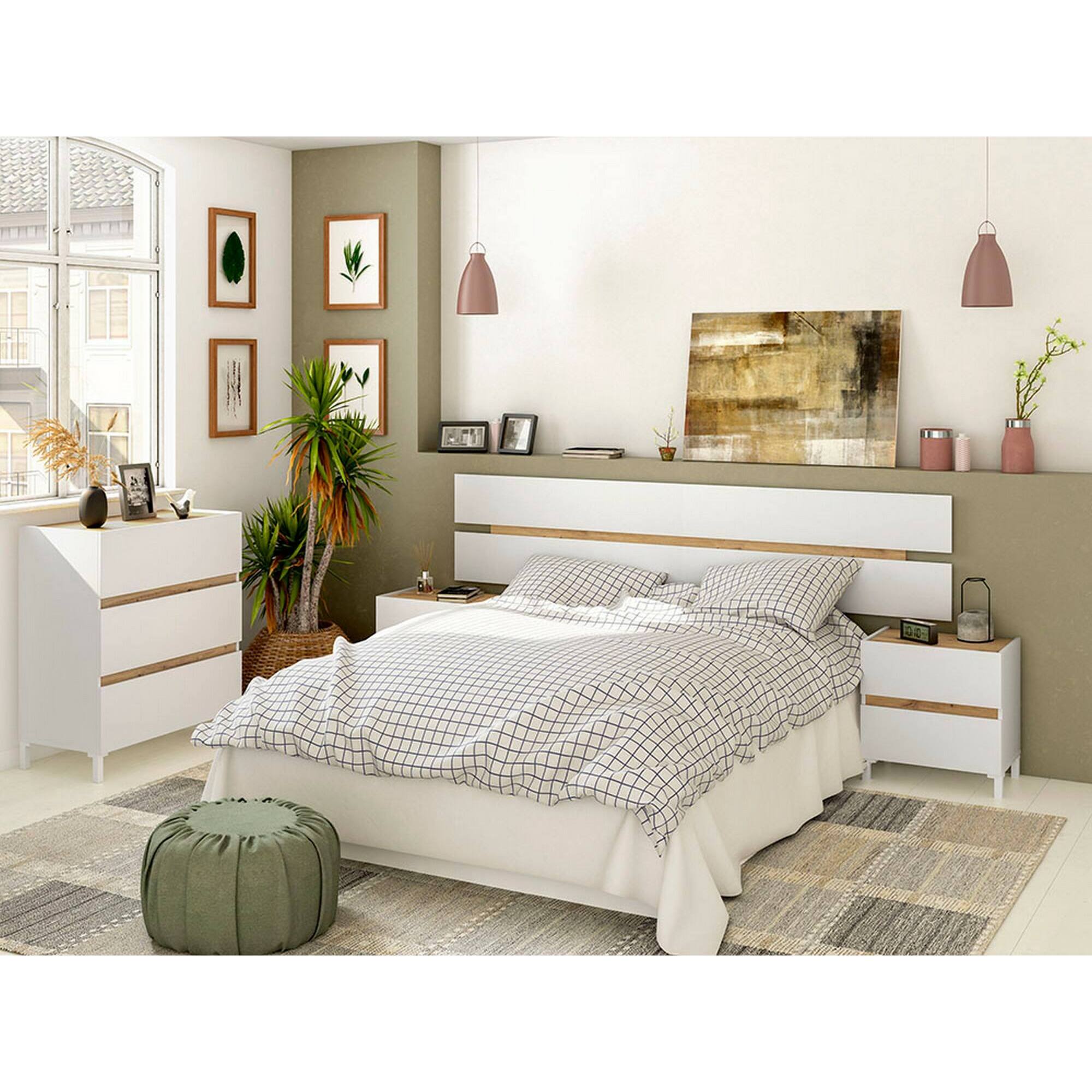 Testiera letto Dado, Spalliera, Testata per camera da letto, Poggiatesta, 216x3 h47 cm, Bianco e Rovere Nodi