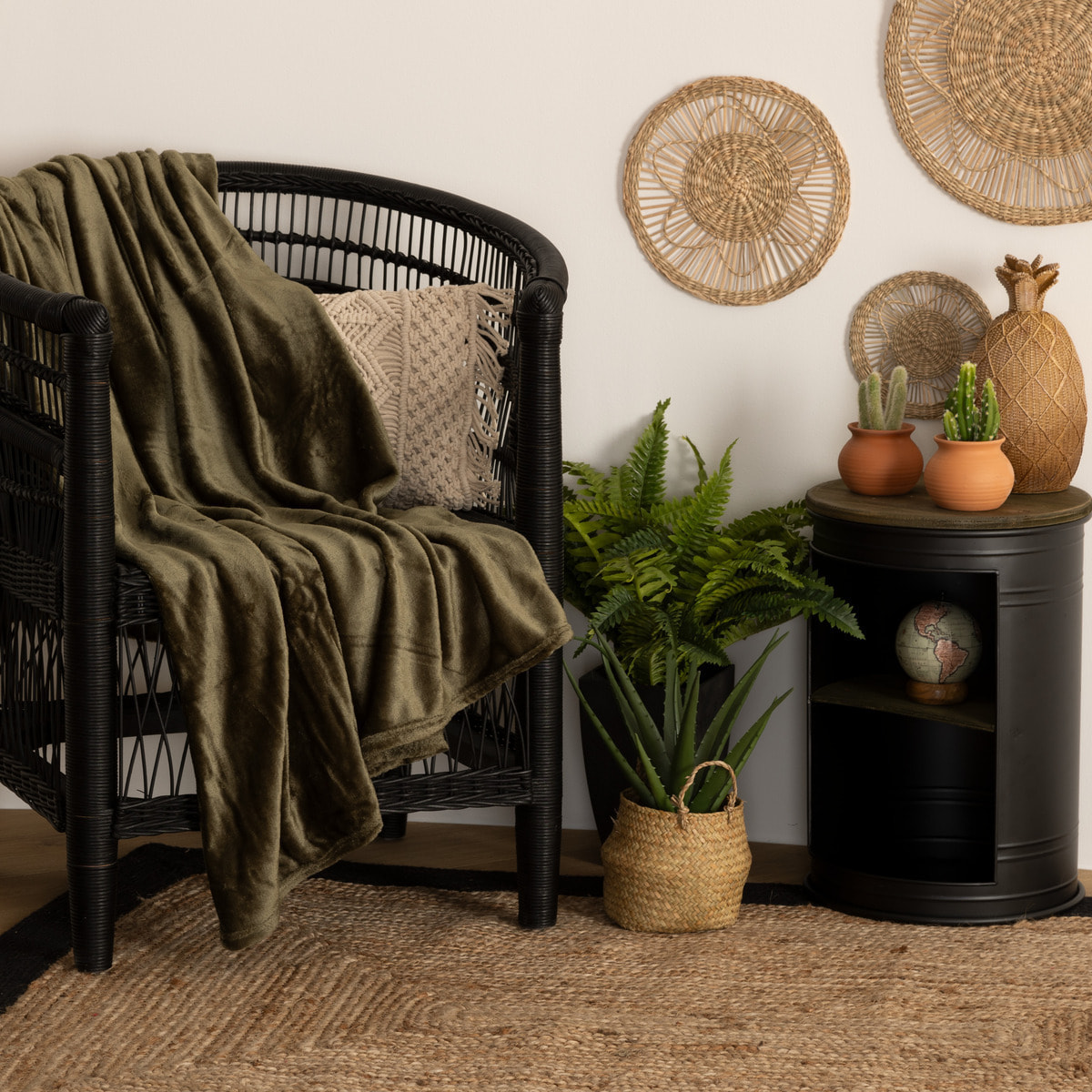 Plaid flanelle vert kaki 125x150cm