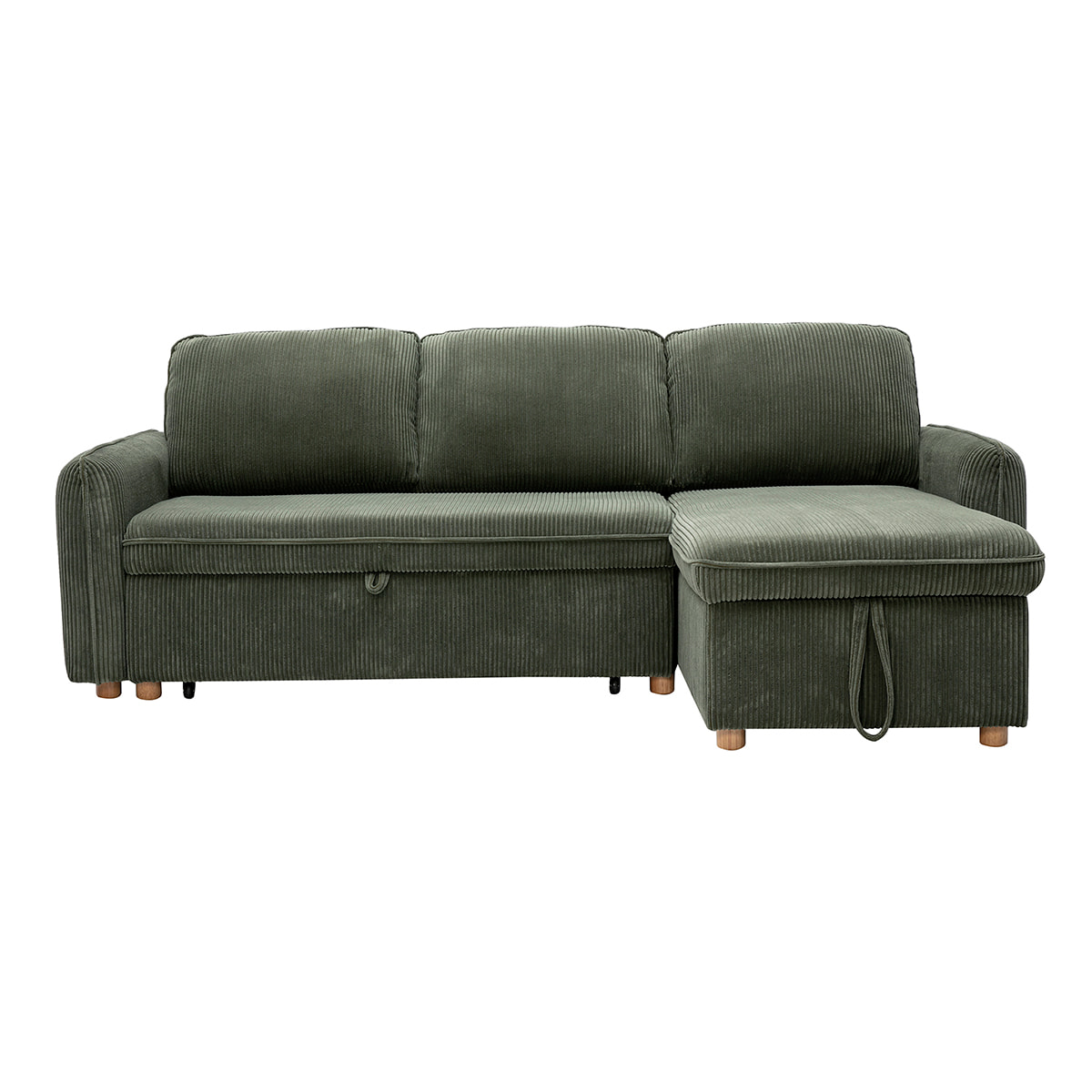 Canapé d'angle convertible réversible avec coffre 3 places en tissu velours côtelé vert kaki et bois clair ORSO