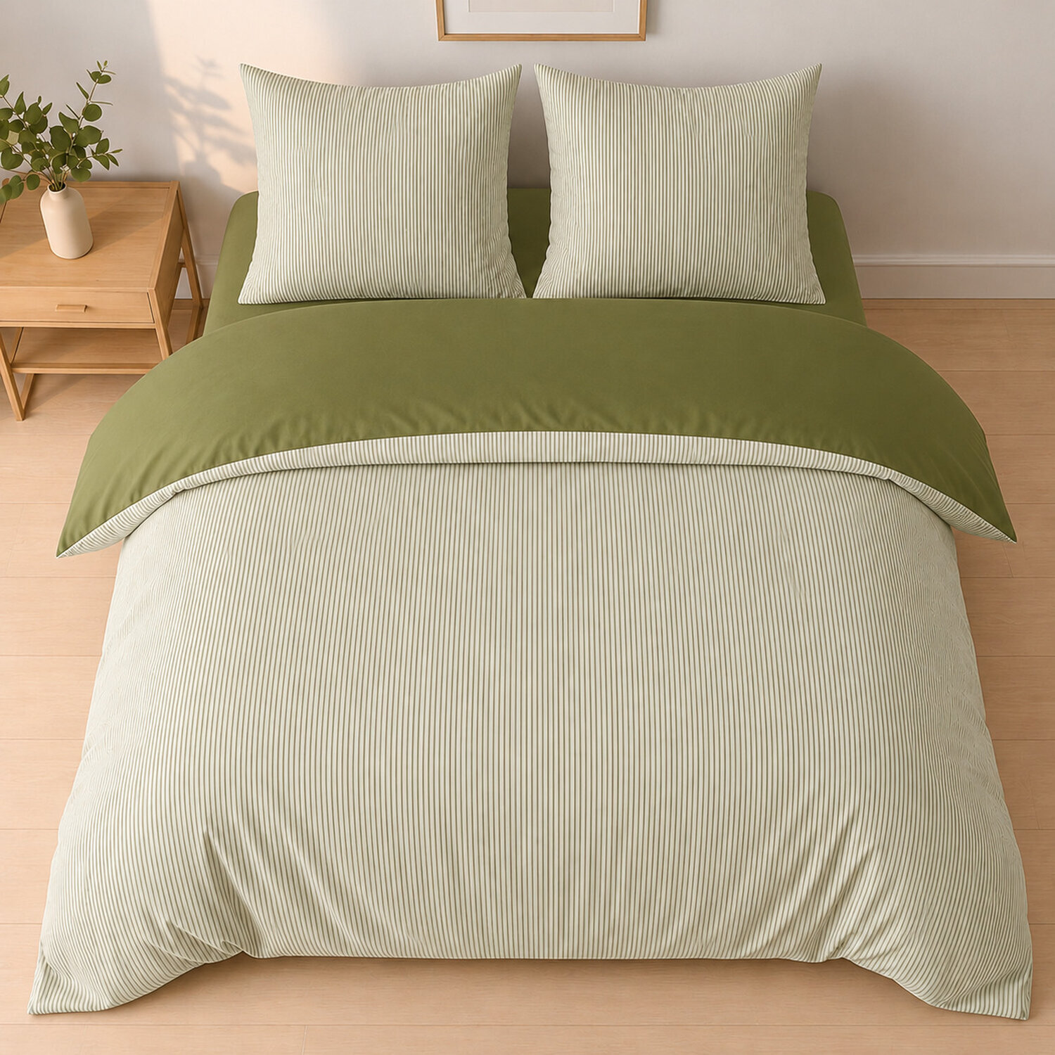 Parure housse de couette mini seersucker rayures vert olive, MILLERAY