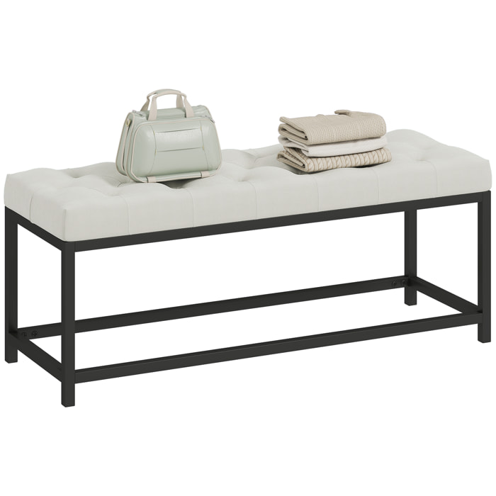 Banco Pie de Cama, Tapizado en Terciopelo, Banqueta para Dormitorio, Diseño Capitoné, Base de Metal, Banco para Dormitorio, Entrada, Salón, Recibidor, Crema