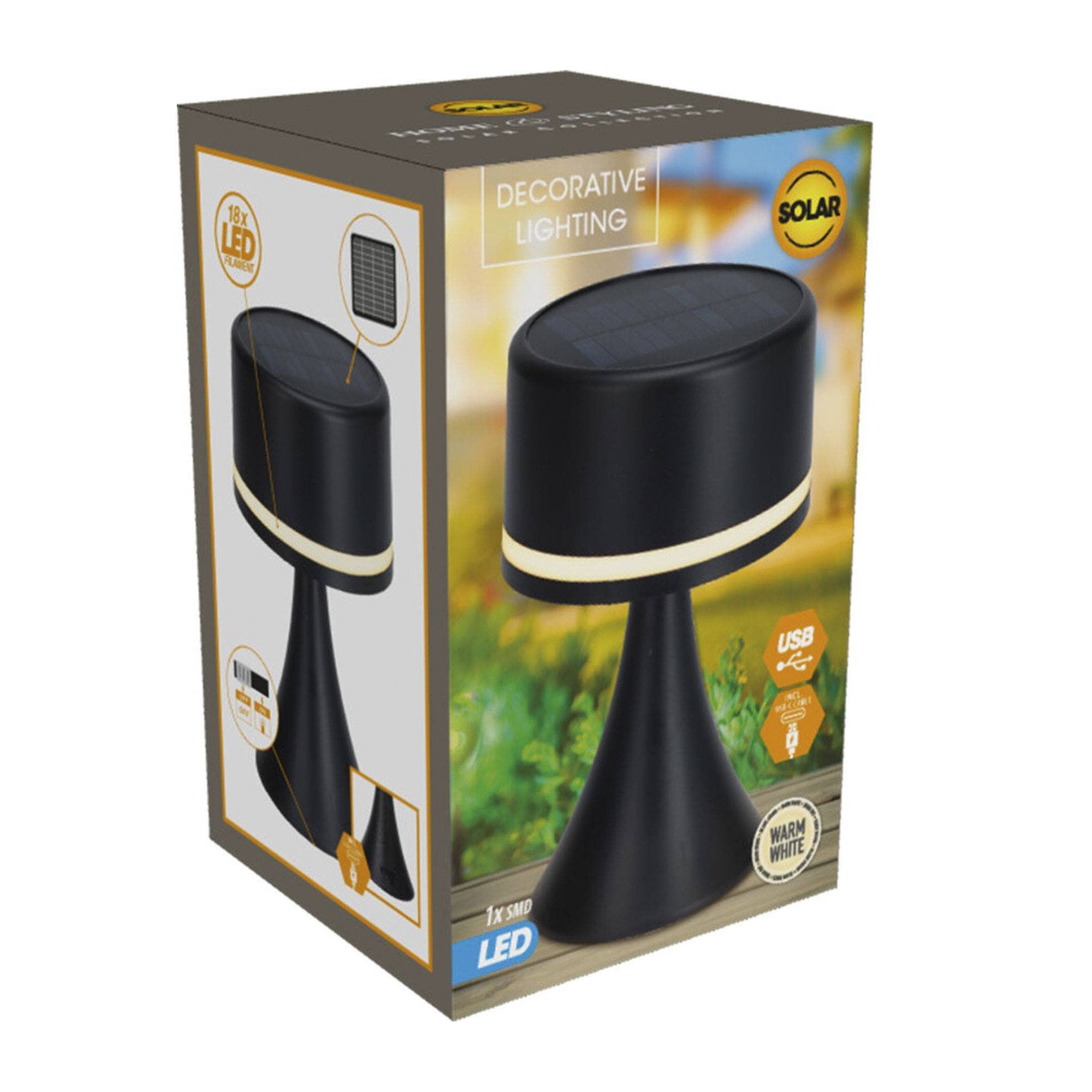 Well Home Lámpara solar de Mesa en color Negro, Recargable con Panel solar y puerto de carga USB