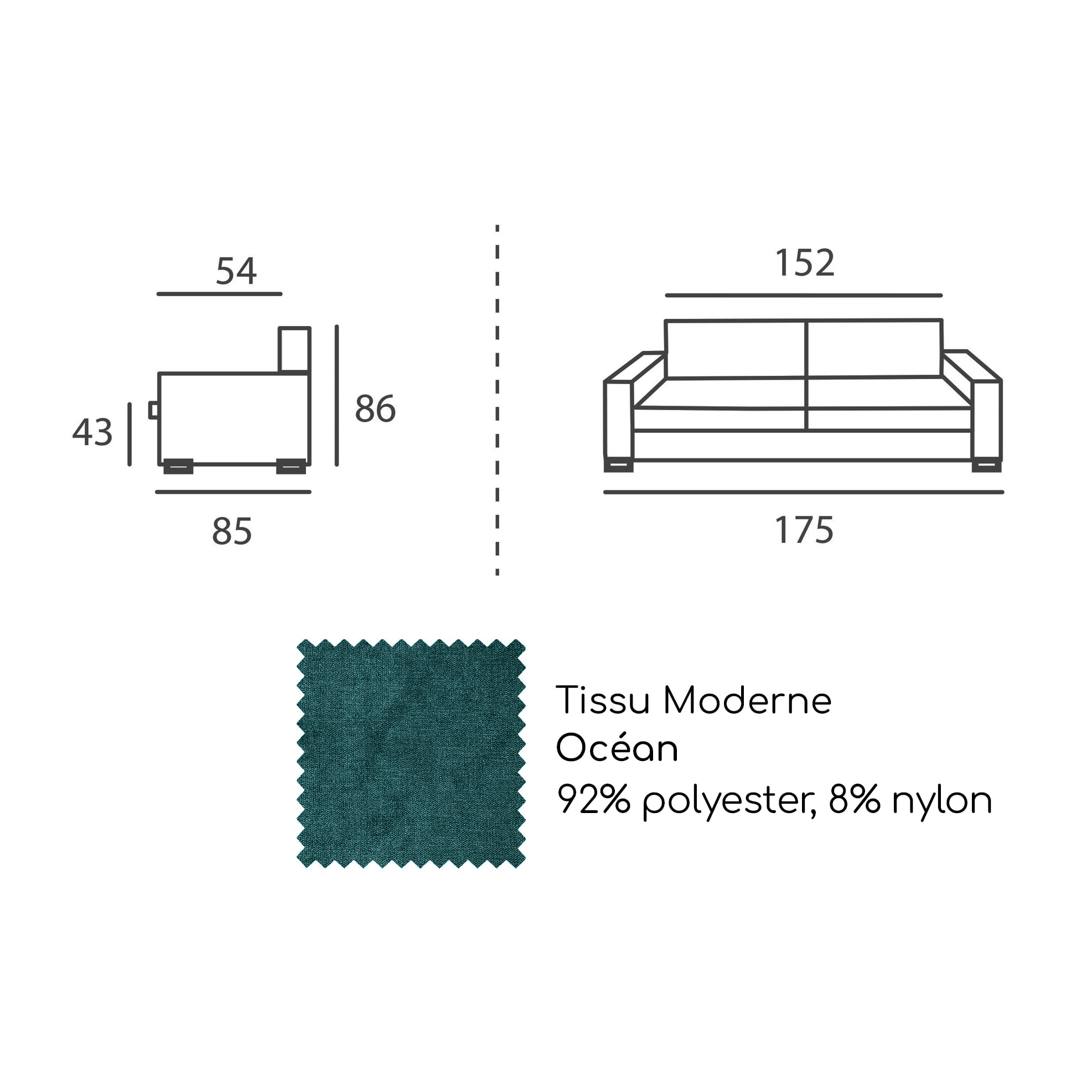 Canapé 3 pl LYS 175 cm fixe tissu Moderne Océan - 100% déhoussable - Fabriqué en France