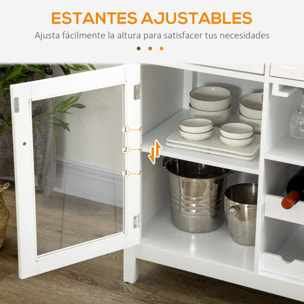 Aparador de Cocina Mueble Buffet Auxiliar con 2 Puertas de Vidrio 3 Cajones Botellero para 6 Botellas y Estante para 15 Copas para Comedor Salón Estilo Moderno Antivuelco 120x40x87 cm Blanco