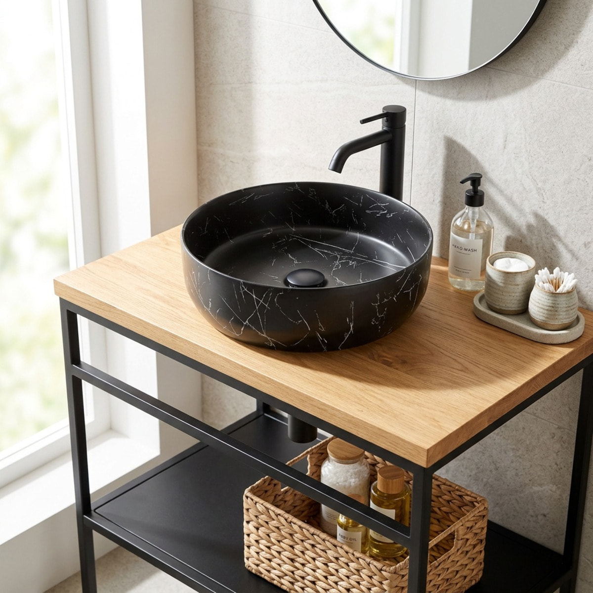 Vasque à poser ronde diamètre 39 cm - effet marbre noir mat - sans trop-plein - SAT Infinitio