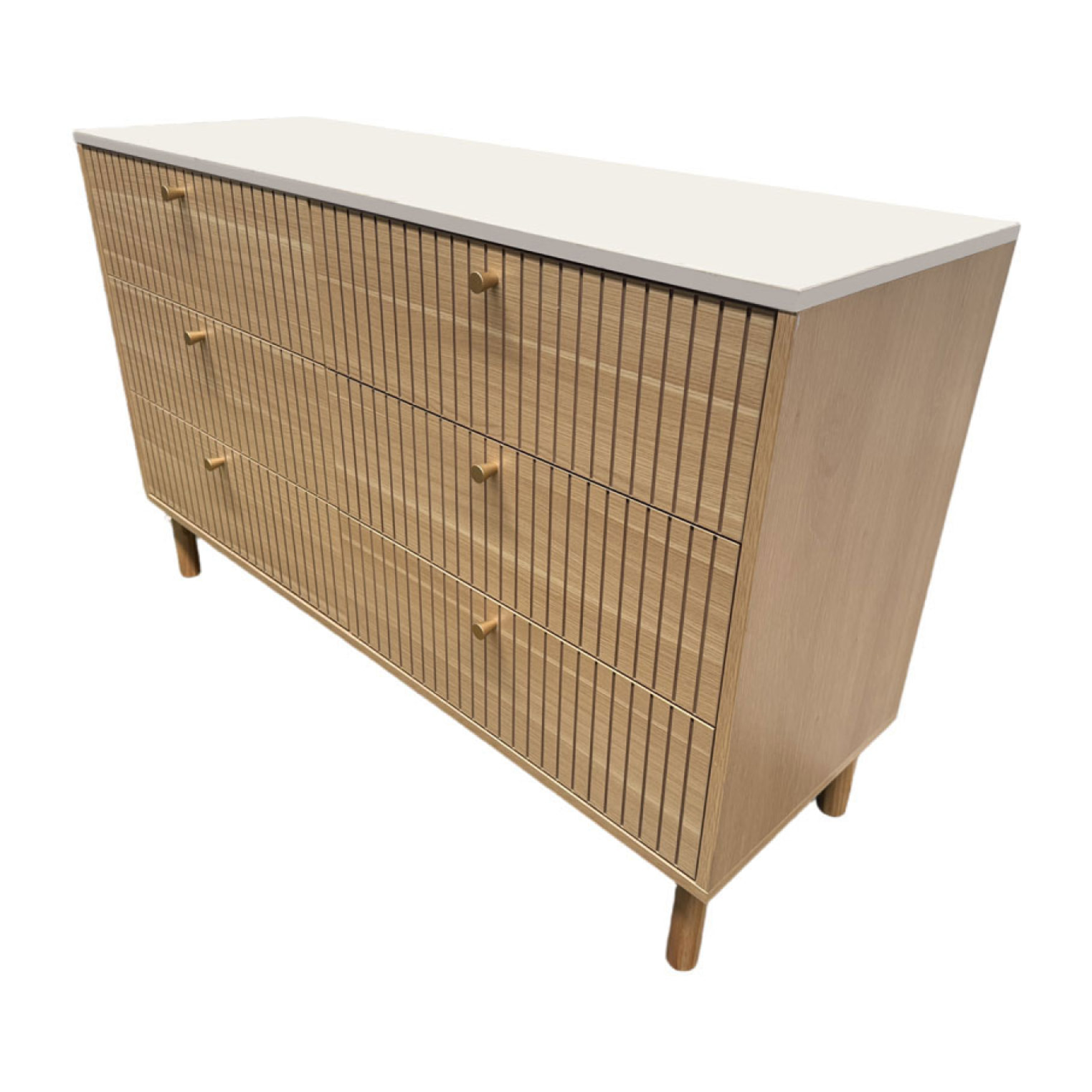 MIRANDELA Buffet 6 tiroirs aspect bois rainuré et blanc 120cm