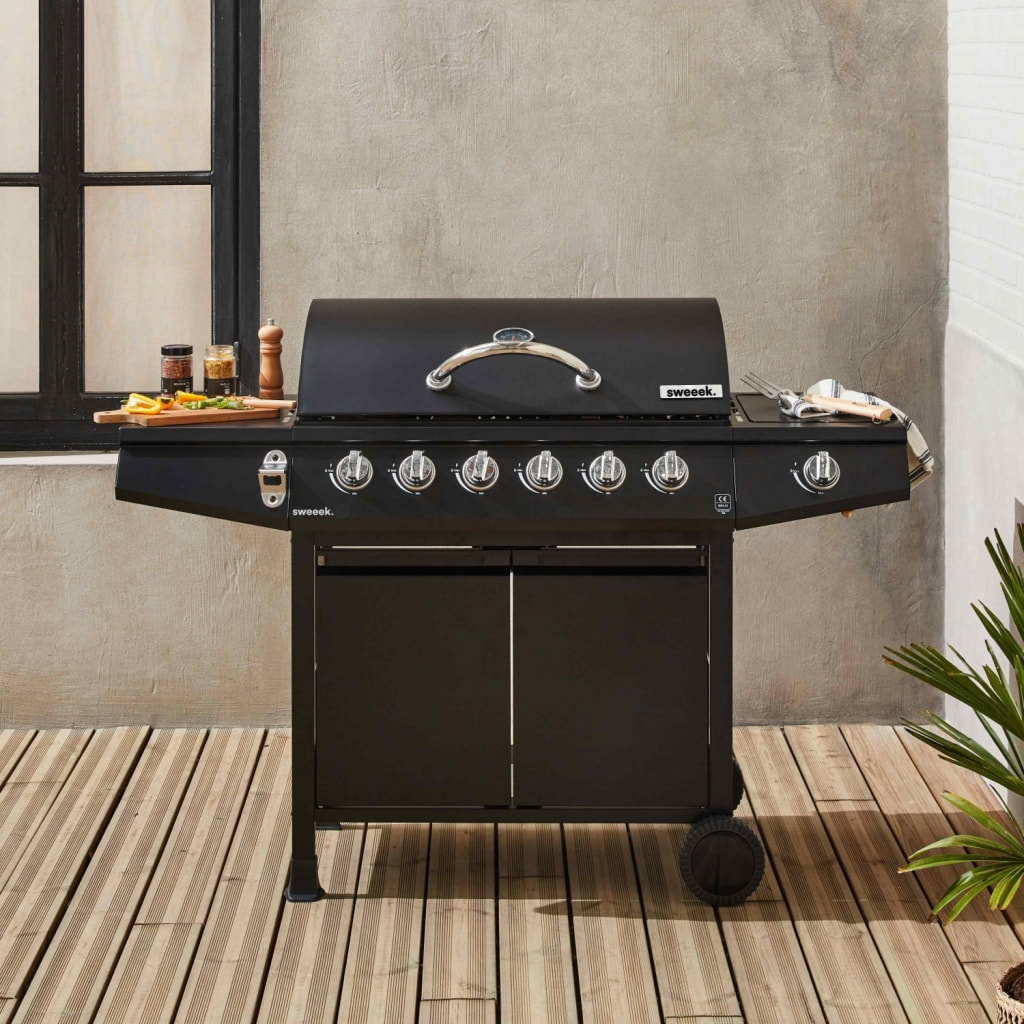 Barbecue gaz 6 brûleurs + 1 feu latéral avec roues, tablettes et thermomètre TREVILLE 6
