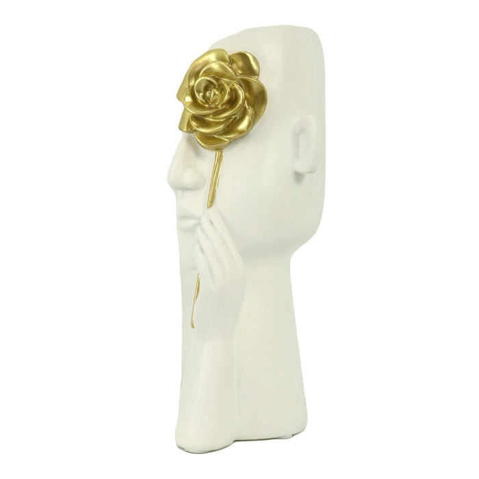 Portavaso in resina viso bianco e fiore oro cm13x13h27