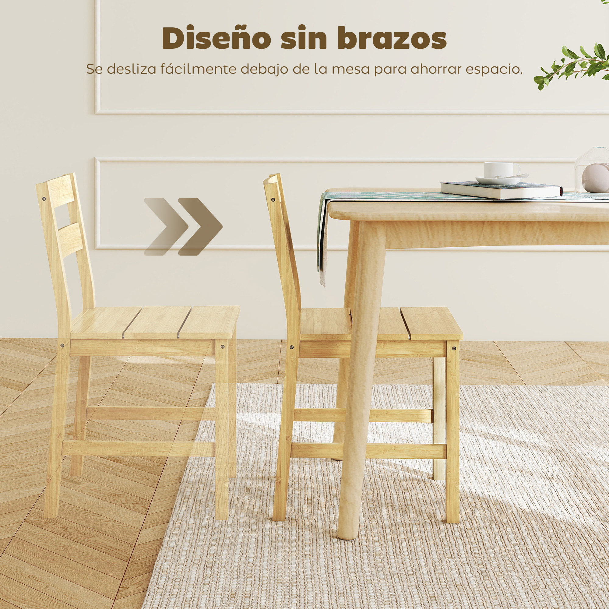 Juego de 2 Sillas de Comedor de Bambú, Sillas de Cocina con Asiento con Listones, Respaldo Curvado, Sin Brazos, para Sala de Estar, Natural