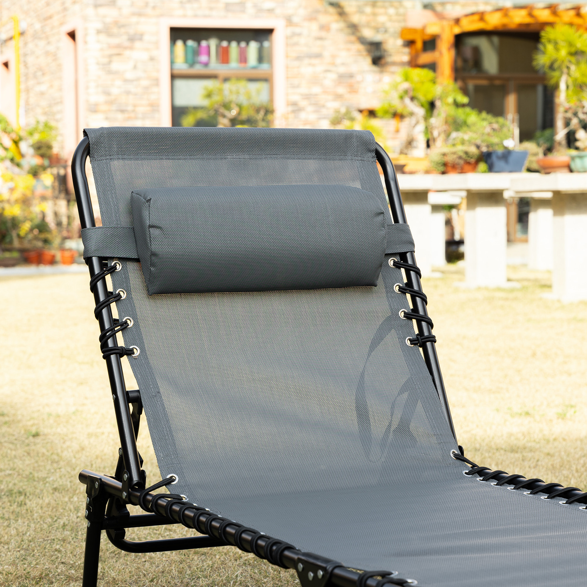 Tumbona Plegable Tumbona Jardín Exterior con Respaldo Ajustable Reposacabezas Acolchado Bolsillo Lateral y Estructura de Acero 185x58x30 cm Gris