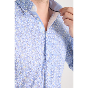 Camicia Uomo 1 Bottoni Button Down Slim Popeline Stretch Stampato Bianco\Blu Inchiostro