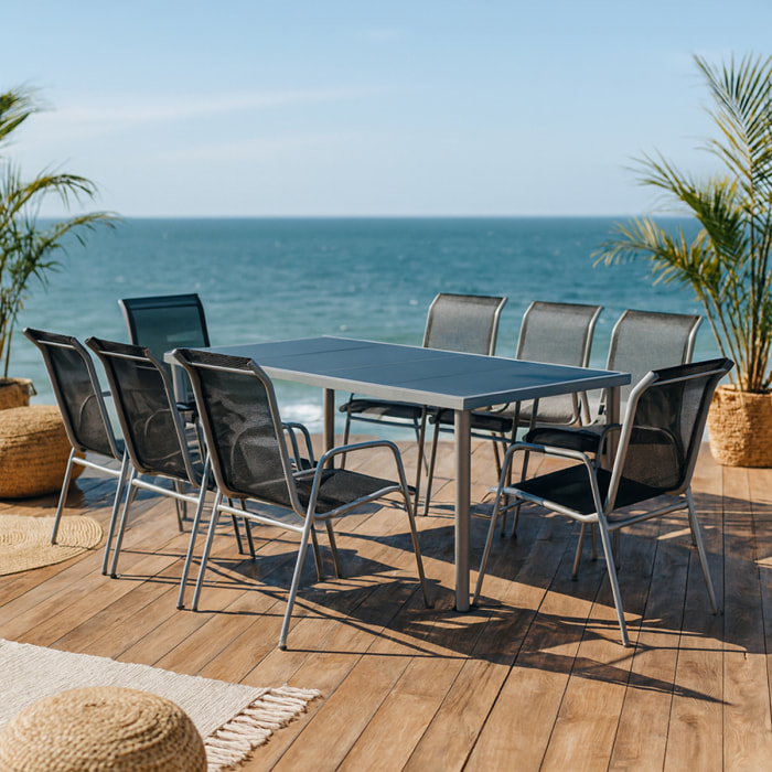 Table de jardin et 8 chaises en acier et toile PVC gris ATIMA