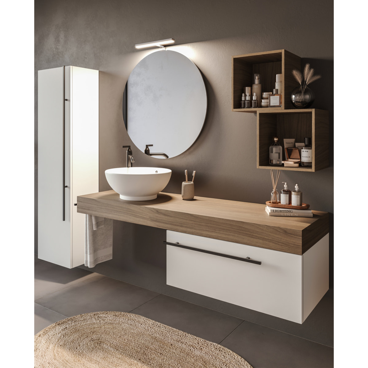 MOBILE DA BAGNO RIFLESSO 140 PORO NOCE E BIANCO LUCE - 9 PEZZI