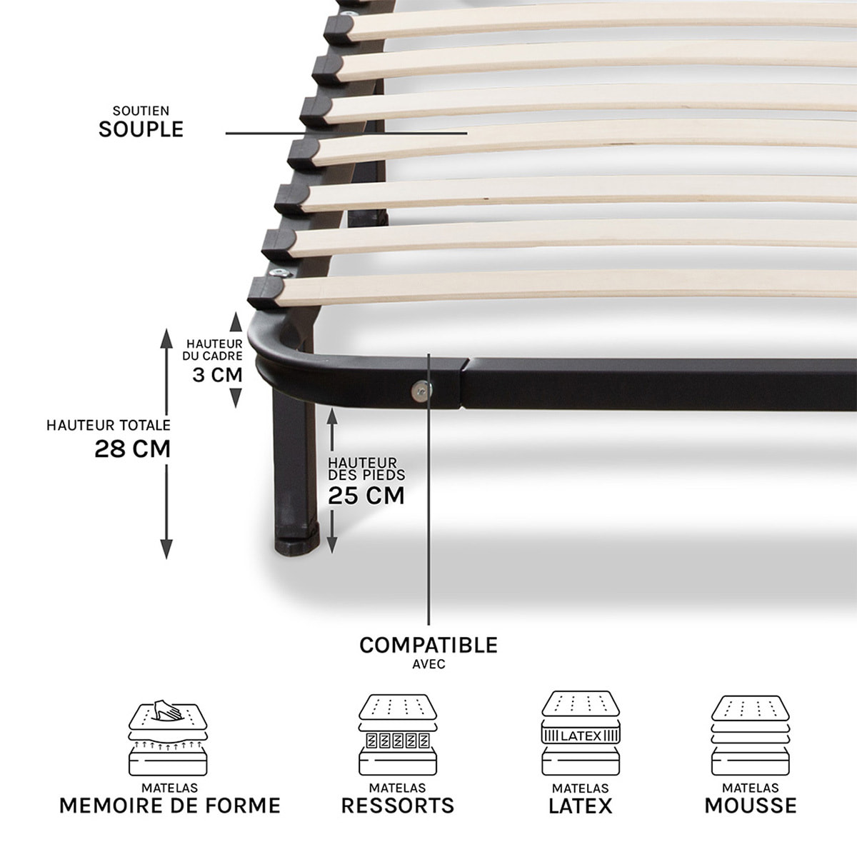 Ensemble Matelas Intuition & Sommier Somkit, 15 cm, Mémoire de Forme, Cadre à Lattes, Métal Robuste, Soutien Ferme