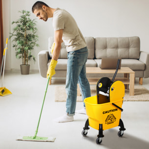 Chariot de nettoyage lavage seau de ménage 26L avec essoreur - 4 roulettes, poignées - métal PP jaune noir