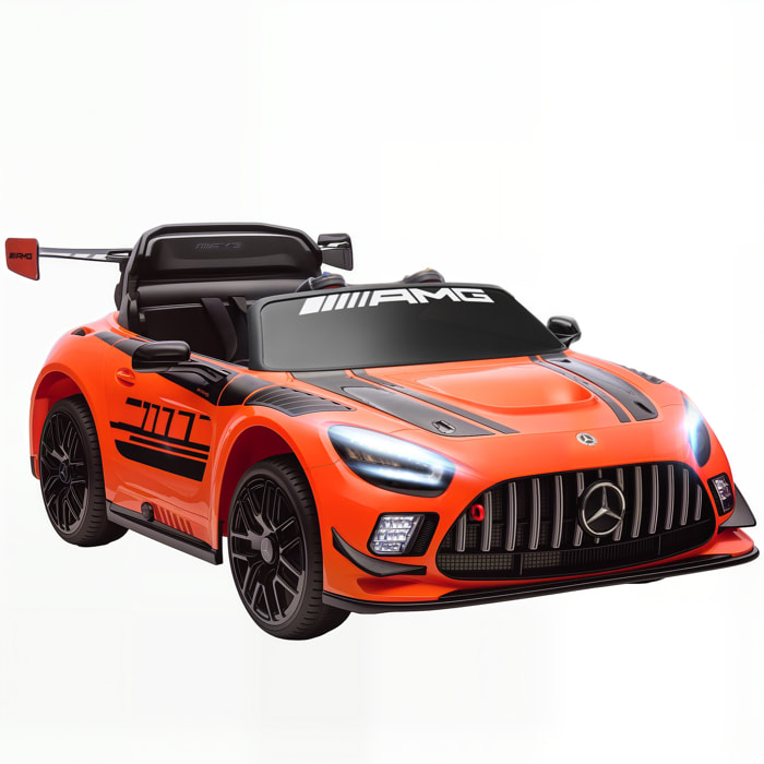 Coche Eléctrico para Niños, Mercedes-AMG GT3 Evo, Coche de Batería 12V, con Mando a Distancia 2,4 G, Motor Doble, Ruedas Auxiliares, Asa de Arrastre, Música Inalámbrica, Faros, Naranja