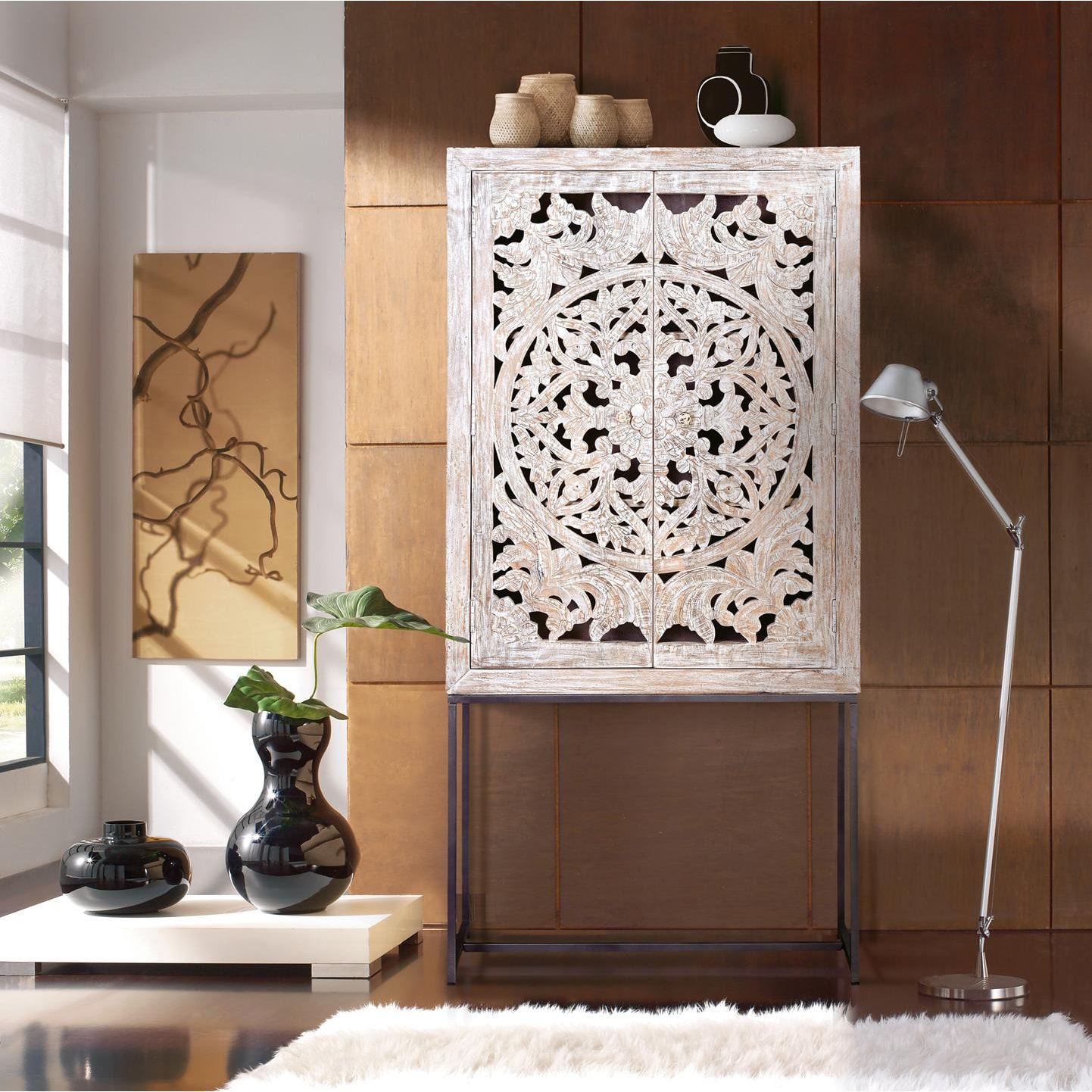 Alacena de Madera de Mango 85 Cm Estilo Étnico Boho Tallado
