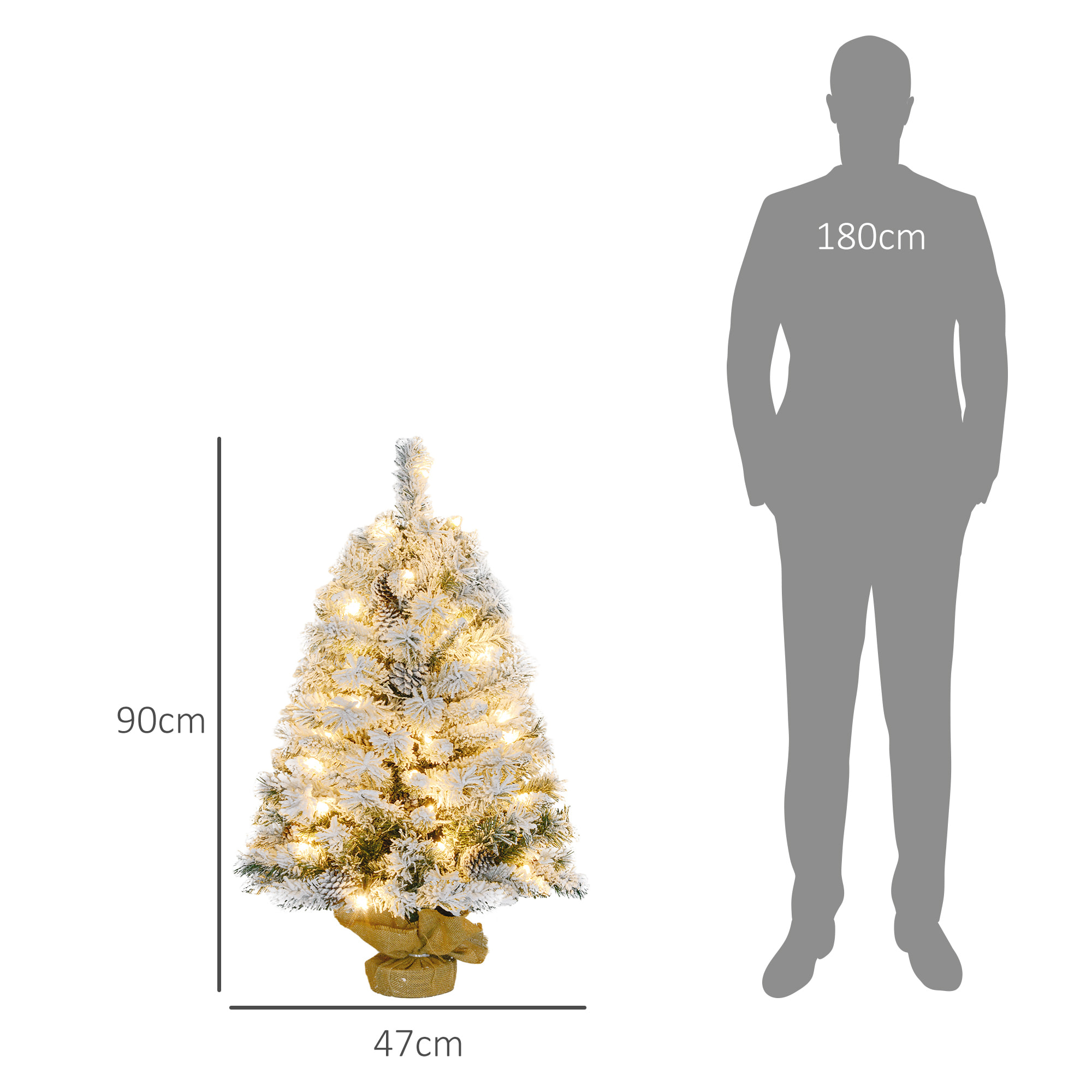 Árbol de Navidad 90 cm Árbol de Navidad Artificial Nevado con 50 Luces LED 133 Ramas 14 Piñas y Soporte de Metal Árbol Navideño para Salón Interior Verde