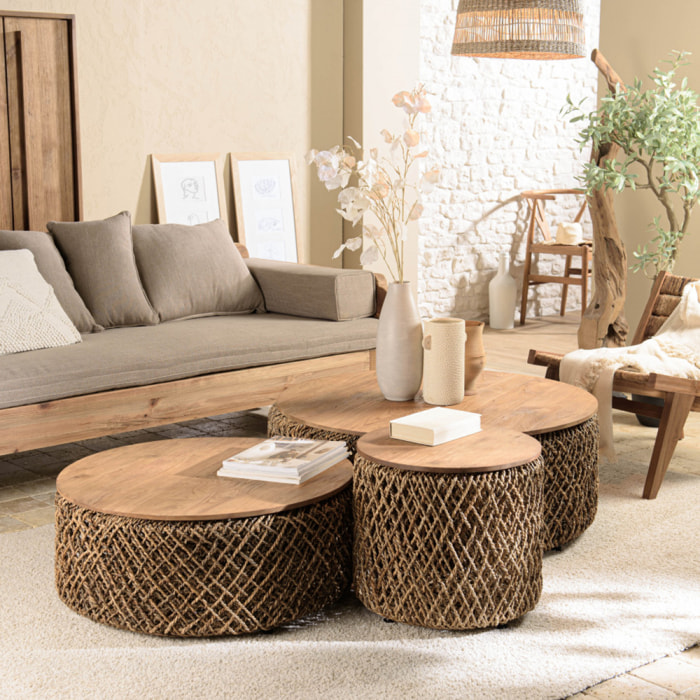 SIXTINE - Set de 3 tables basses rondes en tissage de fibre de cocotier