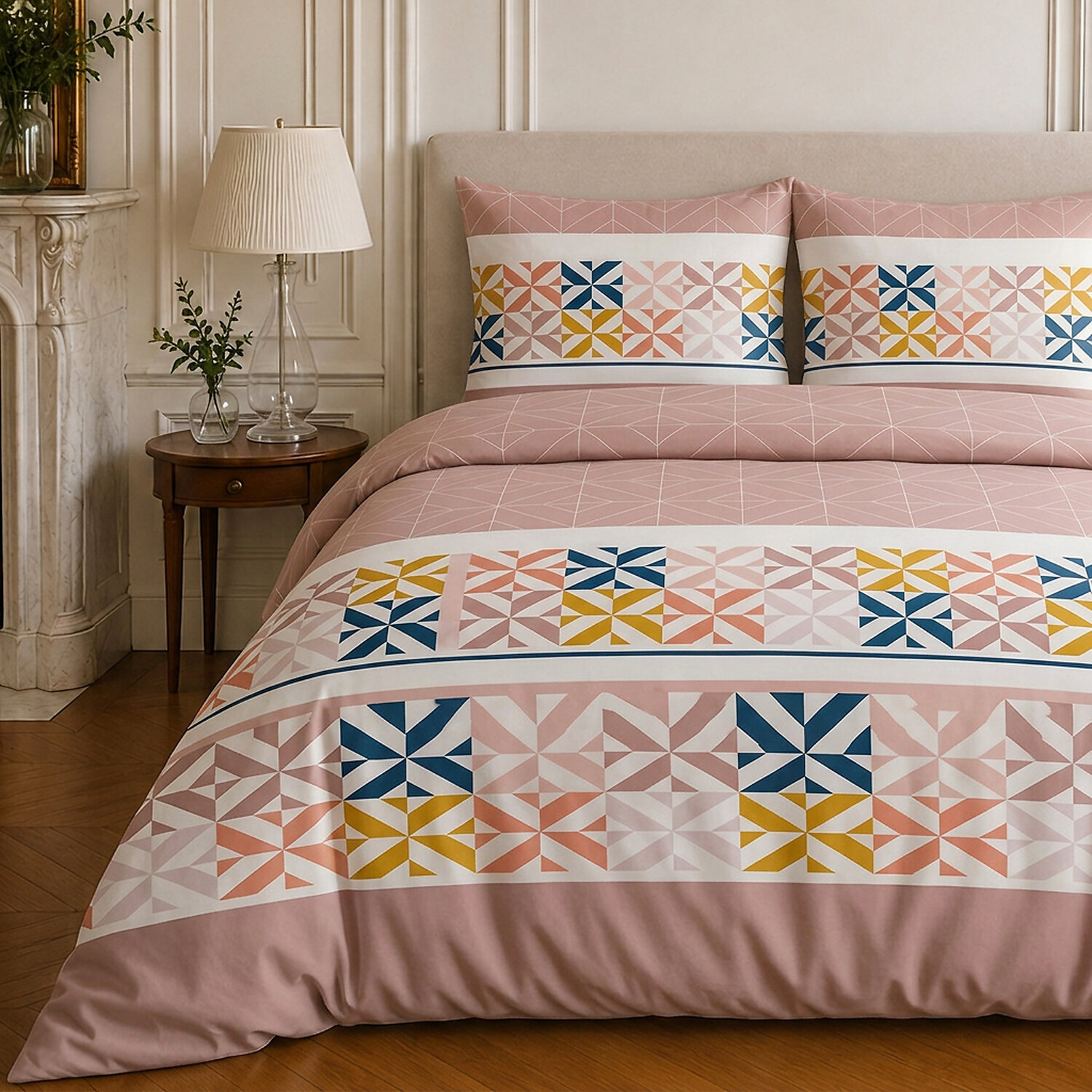 Parure housse de couette 100% coton motif géométrique - BLUEBERRY