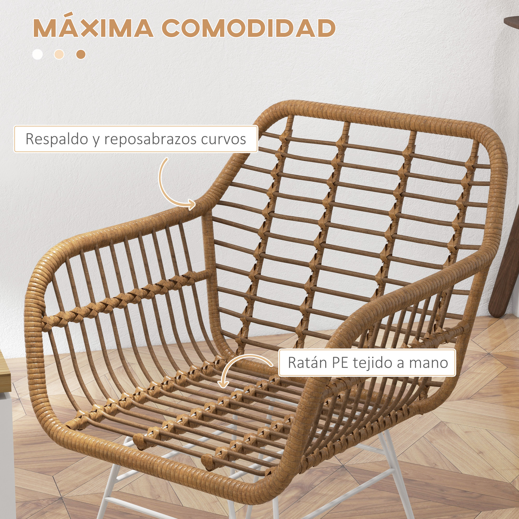 Conjunto de 4 Sillas de Comedor Sillas de Cocina de Ratán PE con Patas de Acero para Salón Balcón Estilo Bohemio Carga 120 kg 56x60x79 cm Marrón