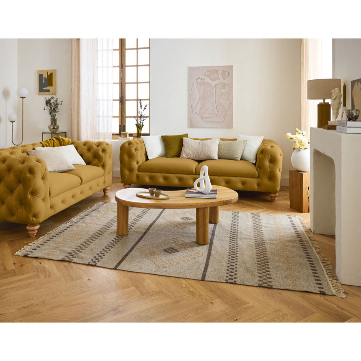 Walter - canapé 2 places chesterfield en velours - pieds bois - Jaune