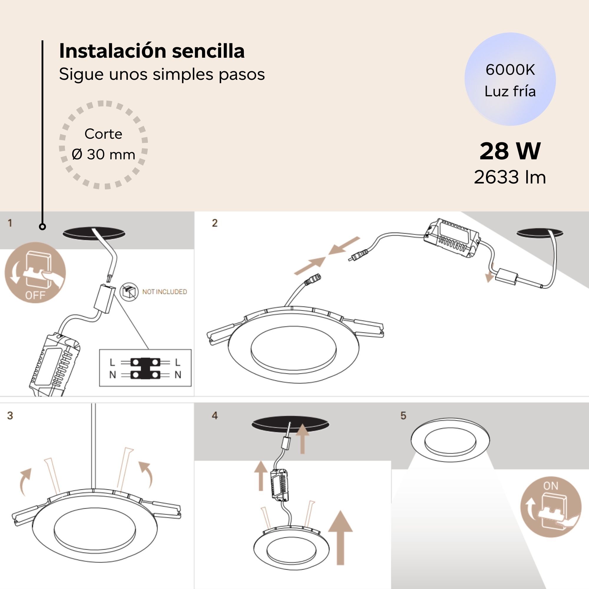 Easy Circular - 5 Downlights con LED integrado 4000K para iluminar hacia abajo ON/OFF ø30cm Color Blanco