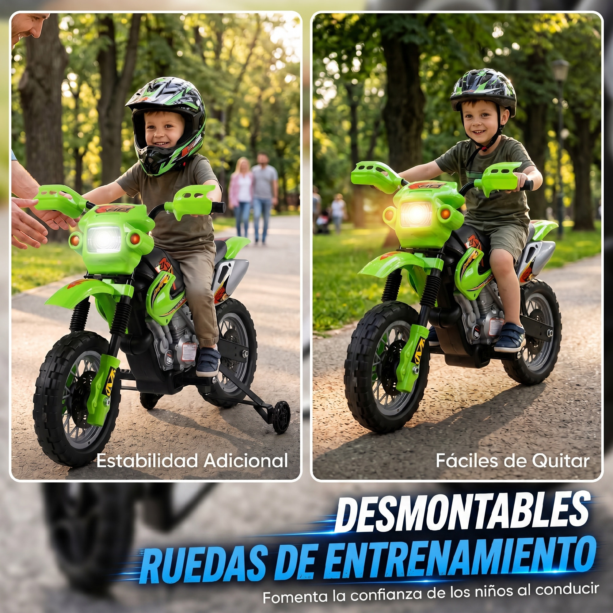 HOMCOM Moto Eléctrica para Niños, Moto Eléctrica Infantil con Ruedas de Apoyo Desmontables, Faros, Música, Regalo para Niños 3-6 Años, Verde