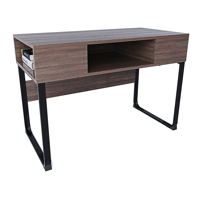Scrivania Con 3 Ripiani Aperti Legno Gambe In Metallo Scrittoio Mobile Computer Desk Ufficio Studio Cameretta Soggiorno Design 110x76.5x55 cm Marrone