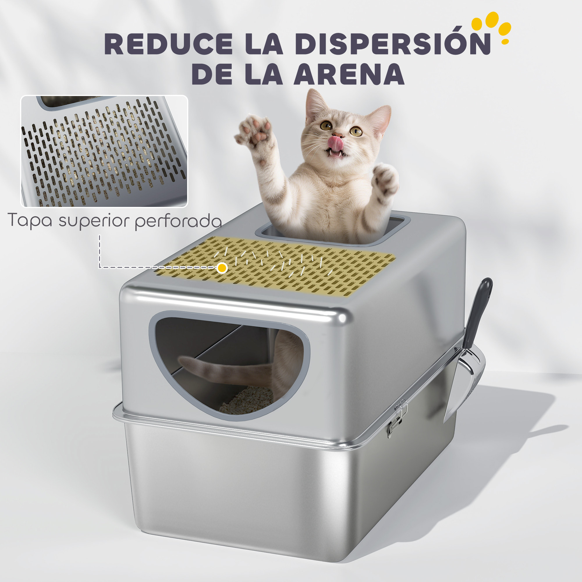 Arenero para Gatos de Acero Inoxidable XL Caja de Arena para Gatos Arenero con Pala Aberturas Dobles Fácil de Limpiar Plata