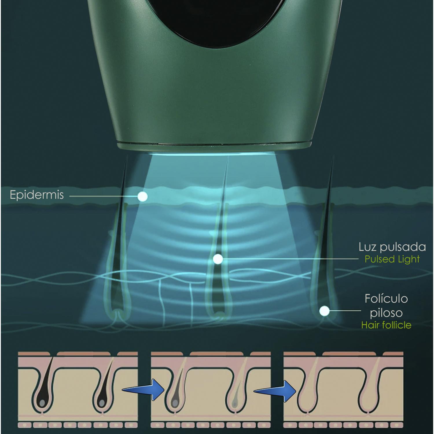 Epilatore a luce pulsata IPL. 8 livelli, 900.000 scatti flash.