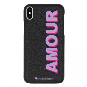 Coque iPhone Xs Max effet cuir grainé noir Amour parme et fushia Design La Coque Francaise