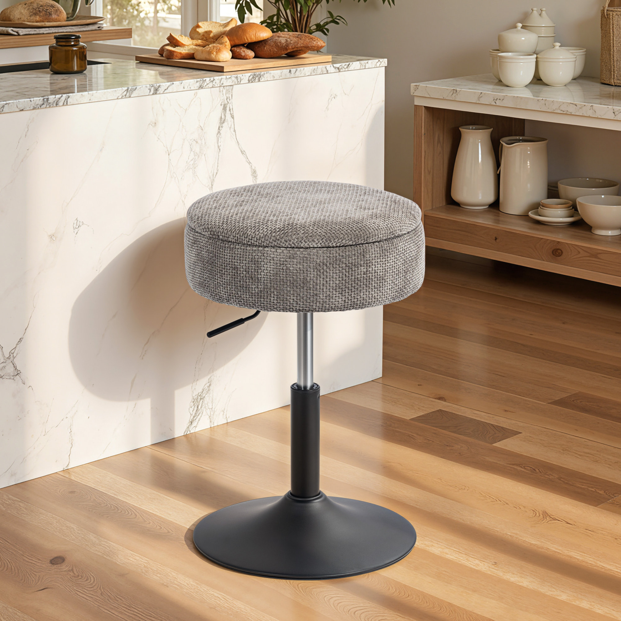 Taburete de Bar con Almacenaje, Altura Ajustable, Taburete de Cocina Redondo, Giratorio, Tapizado en Chenilla, Base de Acero, Diseño Botones, Acolchado, para Salón, Comedor, Oficina, Gris
