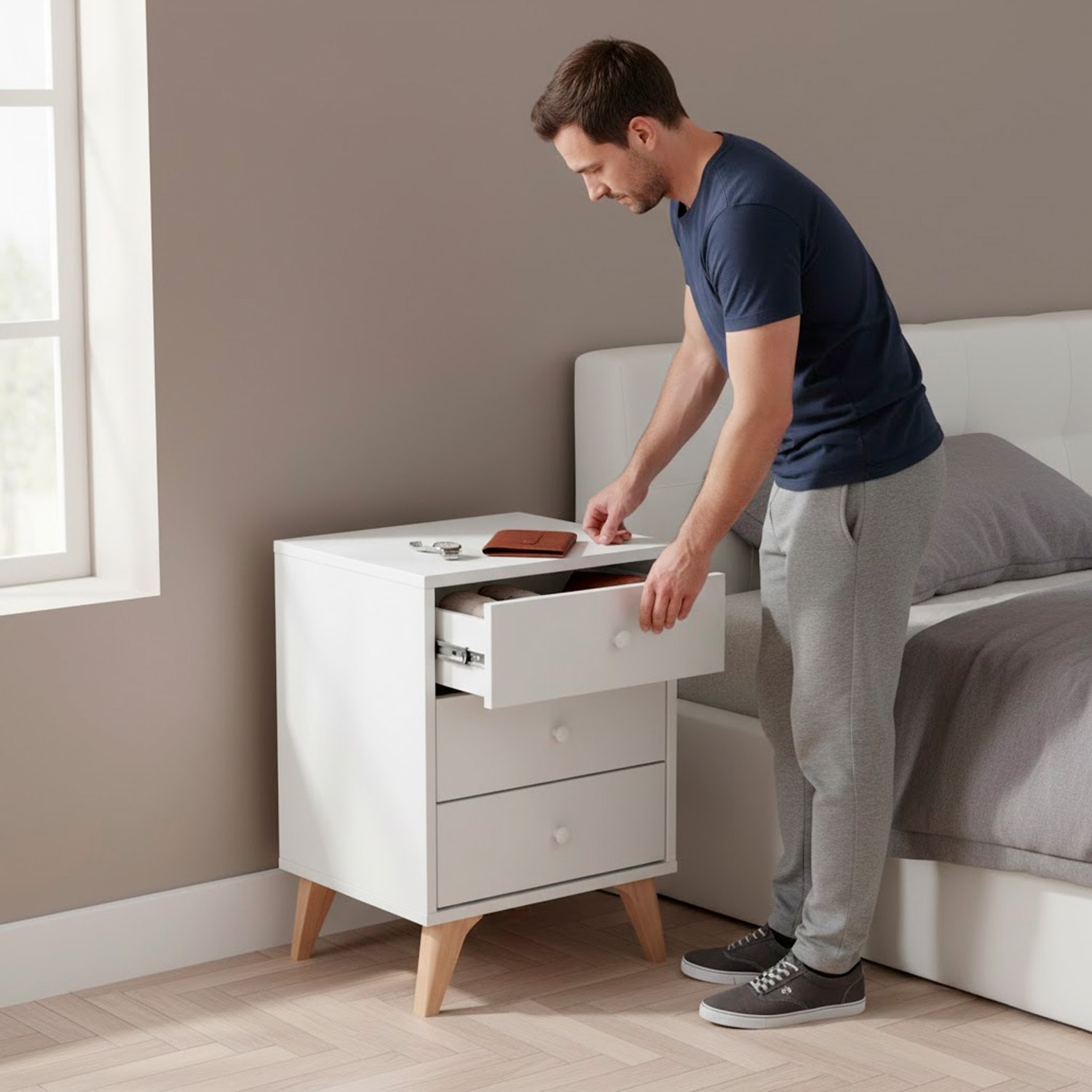 Comodino Moderno A 3 Cassetti Con Piedini Mobile Comò Per Camera Da Letto Compatto Design Salvaspazio Moderno Antigraffio 40 x 34 x 56 Cm Bianco Opaco