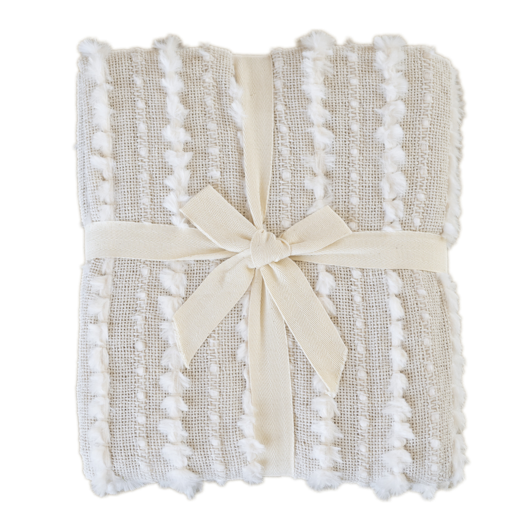 Plaid en chenille texturée avec franges - Ecru