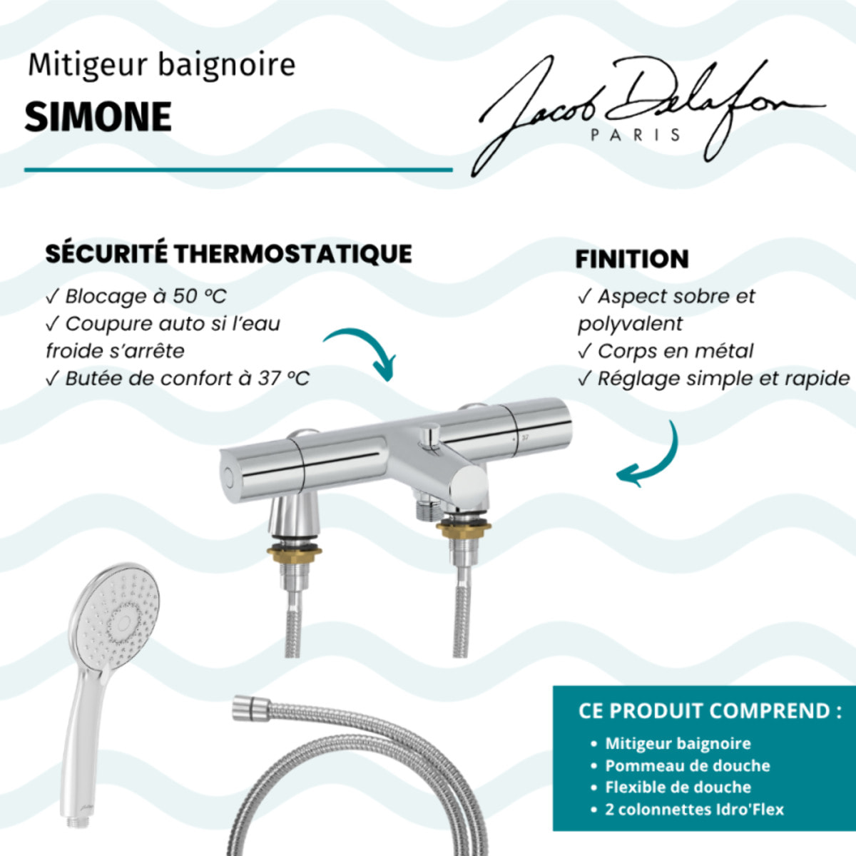 Mitigeur baignoire Simone + pommeau de douche Juliette + flexible de douche métal + colonnettes Idro'Flex