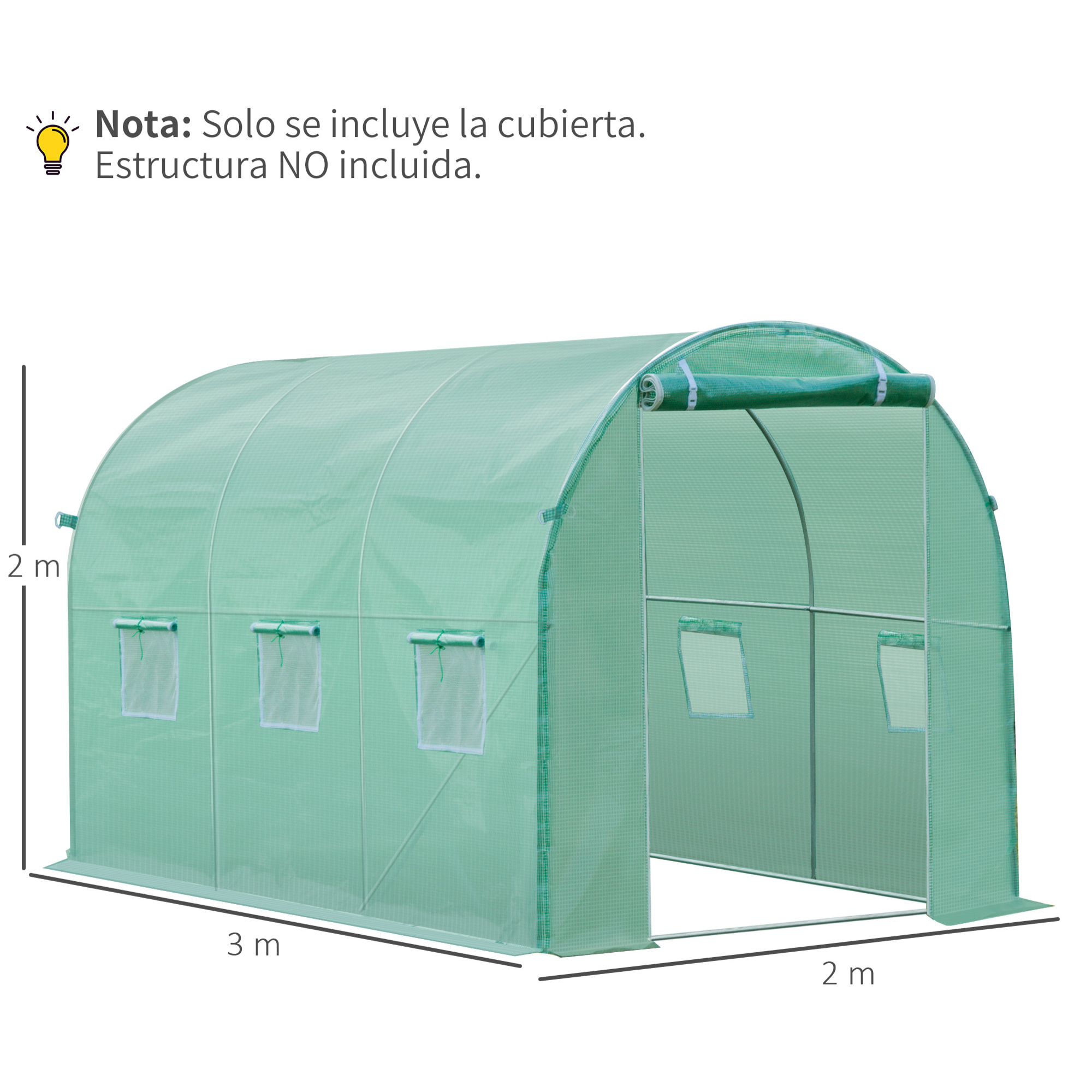 Outsunny Plásticos para Invernaderos 3x2x2 m Cubierta de Repuesto para Invernadero de Polietileno con 6 Ventanas y Puerta Enrollable Protección de Plantas para Jardín Verde